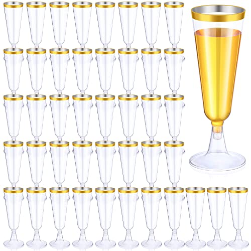 Thenshop 50 Pcs Plastic Champagne Flutes Disposable Champagne Glasses Bulk 5.5 oz Clear Mimosa Cocktail Cups with Rim Detachable Glasses for Wedding Party Birthday Anniversary(Gold, Clear)